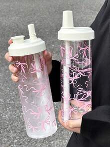 500毫升/700毫升容量粉色蝴蝶结装饰水瓶，仿珍珠奶茶风格夏日水杯，便携式超大吸管塑料杯，小众大容量，适合女生、学生