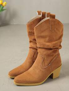 Plus Size Women Slip-On Ankle Boots, Comfortable Suede Mid-Calf Slouch Boots - Burnt Orange - View 1