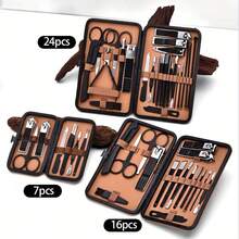 Brown Leather Set Snap 7/16/24 /26/32Pieces Nail Art Tools Set S Cuticle Nippers Cutting Kit Professional Nail Clippers Pedicure Manicure Beauty Tools - Multicolor - View 5