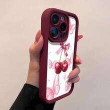 Estuche para teléfono con patrón de lazo de cereza y mariposa Compatible con estuches para teléfonos   17  16 Pro Max  15 Pro Max  13 y  12 Hecho de material TPU a prueba de caídas, resistente al desgaste y cómodo de sostener Un gran regalo para familiares, amigos, seres queridos, novios / novias y para Navidad - Vino tinto - Ver 3
