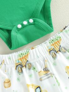 Conjuntos de ropa irlandesa para bebé niño, mono de manga larga con estampado de trébol, pantalones y gorro, 3 piezas - Verde - Ver 7
