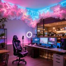 Luz de nube de juego RGB LED DIY para decoración de techo, adecuada para sala de juegos, luz de ambiente con control remoto que cambia de color, brillo de atardecer rosa y azul, aplicable para PC de transmisión, decoración de dormitorio (incluye 1 paquete de tela de algodón, 1 rollo de 4M de pegamento nano y 2M de tira de luz)