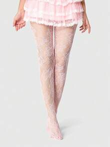 1Pc Stockings European & American Style Sexy Floral Lace Mesh Tight Pantyhose, Retro Opaque Pink Version, Thin & Elastic Breathable Material, Eye-Catching Legwear For Women's Dates/Parties - trắng - Xem 4