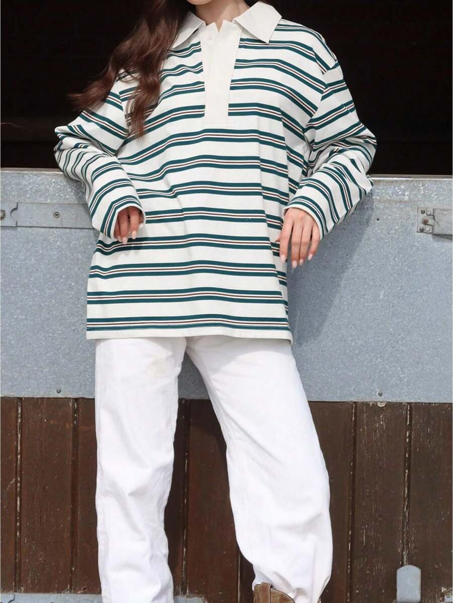 Women Striped Color Block Sweatshirt Lapel Collared Long Sleeve Oversized Rugby Shirt Fall Clothes - Green - View 1