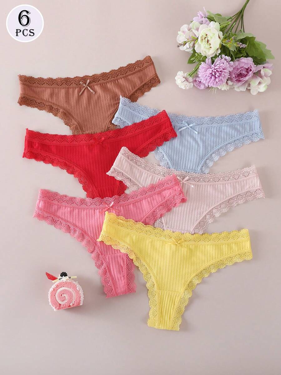 6pcs/Pack Women's Lace Thong Panties, Mid-Waist Versatile Underwear - Multicolor - View 1