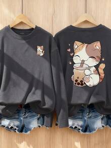 1 件女童休闲印花圆领长袖 T 恤，秋季学生年轻服装上衣 - 有趣的印花 T 恤一定会让孩子们微笑 - 深灰色 - 查看 1
