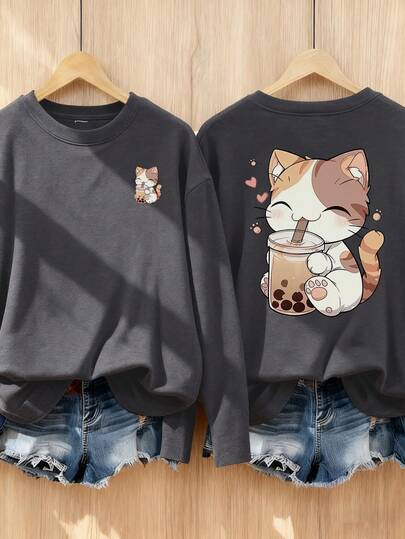 1 件女童休闲印花圆领长袖 T 恤，秋季学生年轻服装上衣 - 有趣的印花 T 恤一定会让孩子们微笑