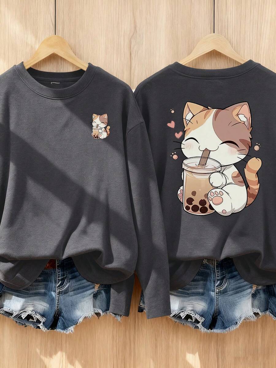 1 件女童休闲印花圆领长袖 T 恤，秋季学生年轻服装上衣 - 有趣的印花 T 恤一定会让孩子们微笑 - 深灰色 - 查看 1