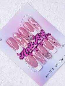 10片/套 手工方形Y2K复古风亚克力美甲贴片，法式贴片，饰有水钻、十字架、爱心、星星、金玫瑰、蛇皮纹、不对称液态金属设计，裸色、白色、金色可选，送给女性和女孩的礼物，包含工具包，适合派对、舞蹈、日常佩戴。美甲用品，按压式美甲贴片。 - 紅白色 - 查看 2