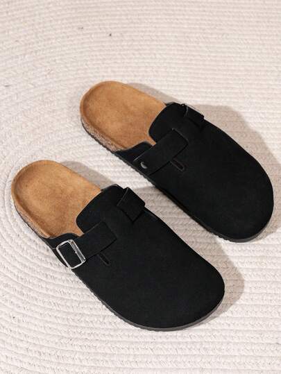 Men's Black Faux PU Leather Adjustable Strap Slippers With Gold-Tone Hardware, Comfortable For Indoor/Outdoor Wear, Round Toe With Rubber Sole, Suitable For Casual, Office, Beach And More Occasions