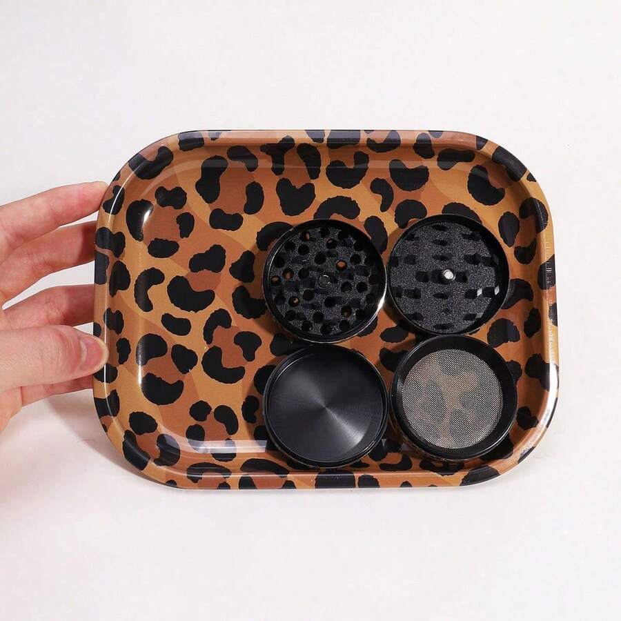 Rolling Tray Set, For Leopard Pattern Lovers | Includes 180*140mm Rolling Tray, 4-Layers Aluminum Alloy Grinder | Smoking Accessories Kit, For Friends, Families, And Smokers - 彩色 - 查看 1