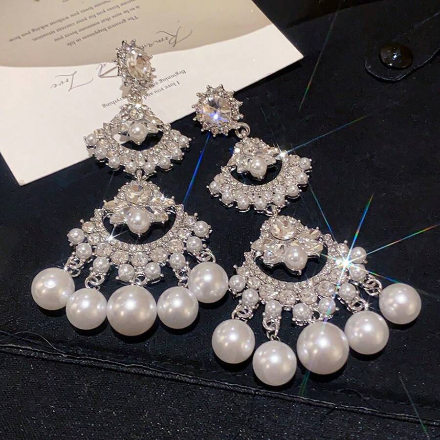 1 Pair French Luxury  Inlaid Imitation Pearl Tassel Earrings Creative Fashion Light Luxury Palace Style Large And Small Fan-Shaped Splicing Design Women's Earrings Suitable For Women's Weddings Banquets Parties - Bạc - Xem 1