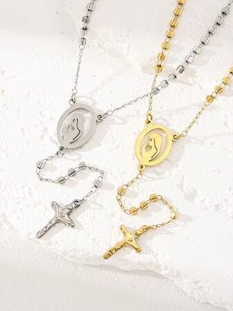 1pc 3mm Stainless Steel Maria Cross Rosary Necklace, Cross-Border Blessing Sweater Chain, Daily Wear Necklace For Women