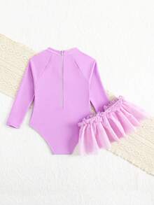 女童卡通海马印花长袖拉链防晒衣配网纱裙套装，女童连体泳衣，沙滩派对，度假泳装 - 淡紫色 - 查看 3