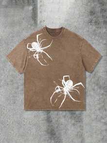 Y2K Spider Print T-Shirt (230g Pure Cotton Washed T-Shirt)% Pure Cotton Fabric-Men And Women Street Retro Loose Casual Hip-Hop Washed T-Shirt, Retro Casual All-Matching Fashion Summer Men's Daily Wear T-Shirt-White And Navy Off-The-Shoulder Cropped Top - Cà phê nâu - Xem 4