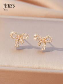 Hihho 1 paire de boucles d'oreilles design nœud, convenant pour le port quotidien et les accessoires de fête, mettant en valeur un style féminin doux, élégant pour le mariage, la Saint-Valentin, cadeau de Noël - noeud papillon - Voir 2