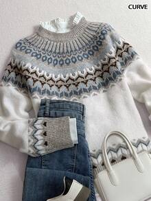 女士大码秋冬时尚舒适几何费尔岛图案圆领长袖针织宽松套头衫，适合秋季、冬季穿着，可作上衣、工作/办公室、商务休闲装。 - 彩色 - 查看 3