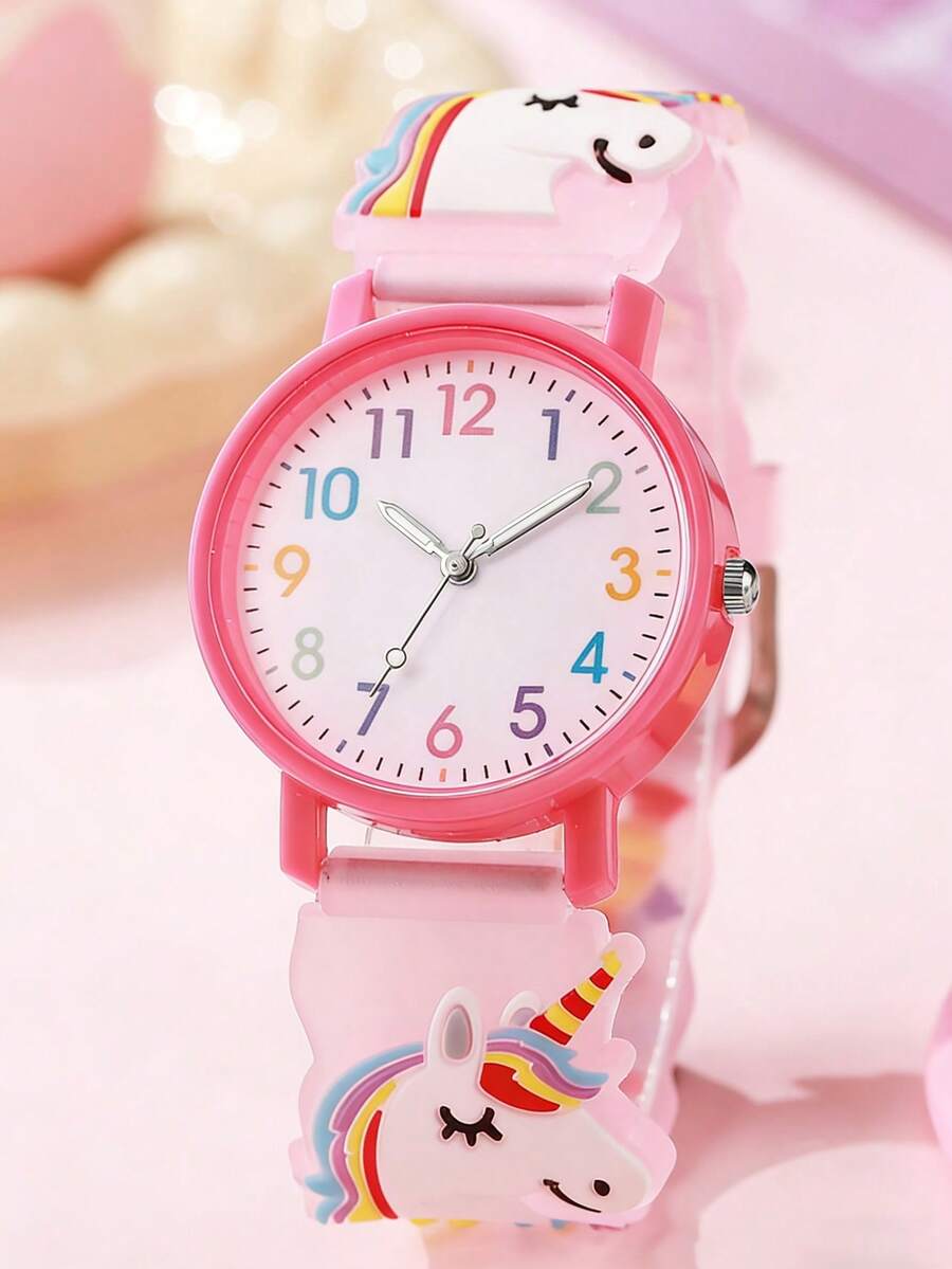1pc Cute Quartz Watch With Lovely Pink Horse Print Strap, Suitable As Birthday, Year-End Promotion, Christmas Gift