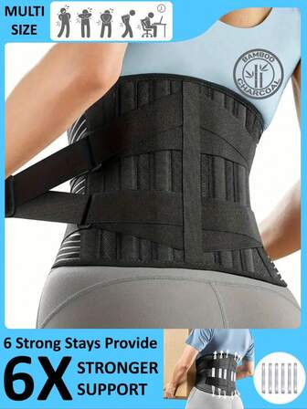 透气腰部支撑带 6 条支撑，男女适用 - 防滑设计，适用于工作、家庭健身房配件 Fajas Lumbares