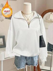 Women'S Casual Zip-Up Hoodie With Stand Collar & Long Sleeves, Loose Fit, Solid Color, Fall/Winter Fashion, Autumn Winter Apparel | Relaxed Fit Hoodie | Construction, Sweater Hoodie, Casual Wear, Casual Attire, Casual StyleLalipp Women's Loose Zip-Up Hoodie With Split Design Fall Cloth For Women  Workout Tops  Ski Outfit Women   Women's Winter Clothing Of Women's Winter Clothing Women's Winter Fashion Women's Winter Promotion Of Women's Winter Clothing Christmas  Ugly Christmas Sweater Women Curve - 白色 - 查看 7