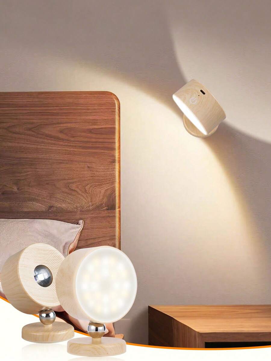 1pc Wooden Grain LED Wall Light, 360° Rotatable Dimmable Wall Lamp, Rechargeable Battery Powered, Touch Control, Self-Adhesive Design LED Night Light For Reading, Home Decor And Lighting - Multicolor - View 1