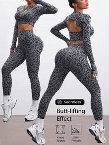 无缝底豹纹运动长袖衬衫。长裤套装 - 深灰色 - 查看 1