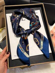 1条优雅链条印花70厘米丝滑小方巾，女士时尚多功能头巾，可作腰带、包包装饰围巾，适合日常佩戴 - 藏蓝色 - 查看 5