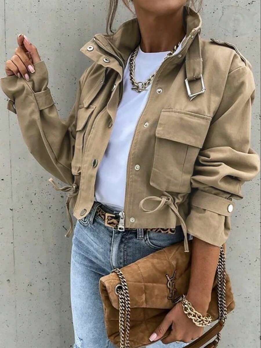 New Women's Retro Solid Color Turtleneck Long-Sleeved Single-Breasted Zipper Workwear Jacket, Suitable For Everyday Wear. - Màu Khaki - Xem 1