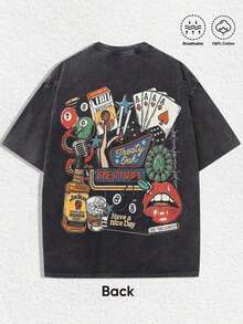 1Pcs,2026,1 PCS Entertainment "Treaty Oak Revival" Graphic Tee: Featuring Distressed Vintage Finish, Front Bold "TREATY O REV" Letter Print, Back Artistic Collage Of Retro Entertainment Elements (Playing Cards, Billiards, Jim Beam Bourbon Bottle, Microphone, "Have A Nice Day" Accent), Crafted From Breathable 100% Cotton, Perfect For Infusing Nostalgic, Fun Vibes Into Outfits During Casual Gatherings, Music Events, Or Daily Wear, Men's Round Neck Printed Short Sleeve Casual Everyday T-Shirt, They Are Excellent Gifts For Friends And Family, 100% Cotton T-Shirts Feature, A Youthful And Fashionable Design, Graphic Tees Men, Graphic Tees Women, Cachorro Feliz, Back To School - 黑色 - 查看 2