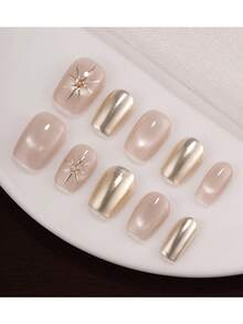 10pcs Pure Handmade Press On Nails Medium Nails Square Nails The Nude Pink Cat Eye And Champagne Gold Contrasting Colors Are Soft Yet Elegant. The Hand-Painted Metal Lines On The Nude Pink Cat Eye Radiate Like Stars, With A Small Diamond Embedded In The Center. It Is Exquisite Yet Not Ostentatious. Gentle Elegant Cute Nails For Ladies And Girls Spring Summer Fall Winter Festivals Parties And Daily Life Use - Gold - View 2