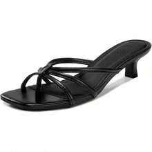 Athlefit Women's Strappy Kitten Heels Square Toe Flip Flop Low Heels Slip On Thong Heeled Sandals - màu đen - Xem 1