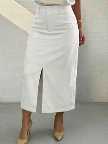 Women's Skirt With Fake Pockets, Slits, High Waist Midi Skirt - 白色 - 查看 7