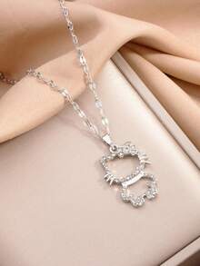 SANRIO 1pc, Cartoon Anime Character Hello Kitty Cute Hollow Pendant Necklace - Silver - View 2