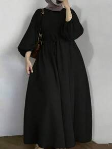 Plus Size Women's Casual Long Sleeve Black Kaftan Dress, Round Neck Design, Woven Fabric - Black - View 3