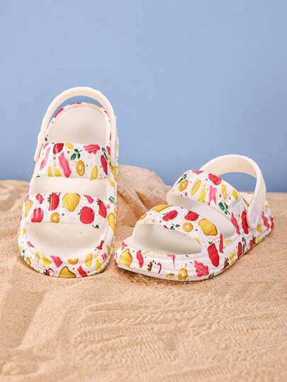 1 đôi dép xăng đan trẻ em thời trang, chất liệu EVA, in họa tiết nhiều màu sắc, thoải mái, mềm mại, chống trơn trượt, bền chắc, thích hợp cho bé gái đi biển.