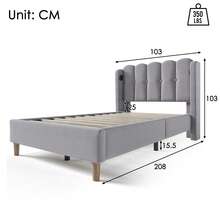 Upholstered Single Bed With USB Type-C Charging Function, Bed Frame With Slatted Base, Upholstered Bed In Grey, 90 X 200 Cm Bed Frame Youth Bed For Bedroom Guest Room - Linen Material (With Mattress) - Grey - View 3