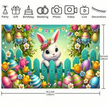 1 pieza Valla de Pascua con fondo de conejo, Lindo telón de fondo de conejo de Pascua con valla, Diseño de conejo y huevos, Pancarta versátil, Ideal para fotografía, fiesta y decoración de celebración de Pascua - Multicolor - Ver 8