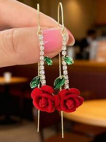 2 Pcs Gold-Plated, Diamond-Encrusted Red Rose Earrings. Simple And Stylish Design, Suitable For Everyday Wear, Parties, Or As A Small Gift For Friends And Family. - Multicolor - View 5