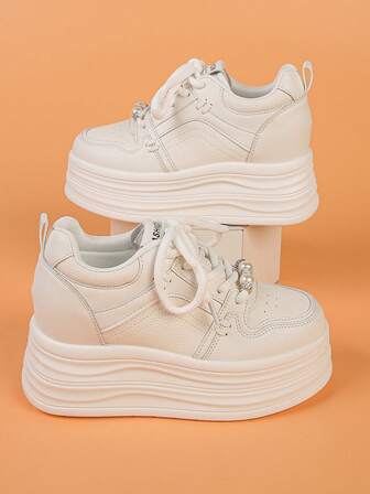 Women's Platform Sneakers, Solid Color Casual Outdoor Lace-Up Lightweight Soft Bottom Slimming Elevator Fashionable Versatile Leisure Shoes