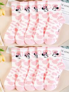 Disney 1 Pair/5 Pairs/10 Pairs Women's Mid-Calf Socks - Minnie Mouse Pattern, Pink Cow Print Mid-Calf Socks, Sweet & Cool High Elasticity Sports Mid-Calf Socks, Versatile Style, Suitable For Daily Wear And As Holiday Gifts - Multicolor - View 13