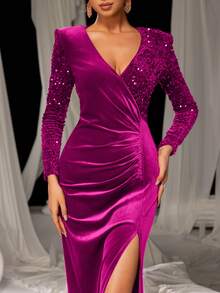 Faeriesty Elegantes Abendkleid für Damen mit dramatischem tiefen V-Ausschnitt, luxuriösem drapiertem Stoff und hohem Seitenschlitz, atemberaubende Bodycon-Silhouette für glamouröse Anlässe, langärmeliges glitzerndes Bankett-Kleid für Hochzeitsjubiläumsfeier, Festtagsessen, Sommerurlaubs-Outfits