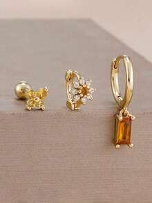 3件套18K镀金黄色锆石蝴蝶耳钉花朵耳环套装，12星座不锈钢耳环，低过敏性耳骨穿刺饰品，情人节、妈妈、母亲节礼物 - 金-24# - 查看 2