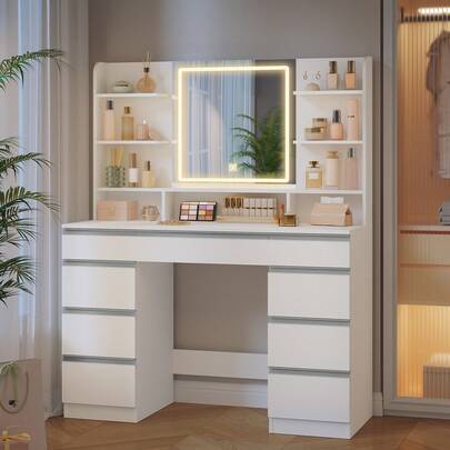 HaluPeit Dressing Table With LED Light, Vanity Desk With 1 Large Drawer And 8 Small Drawer Cabinets, Adjustable Brightness, Large HD Mirror, 9 Open Storage Areas