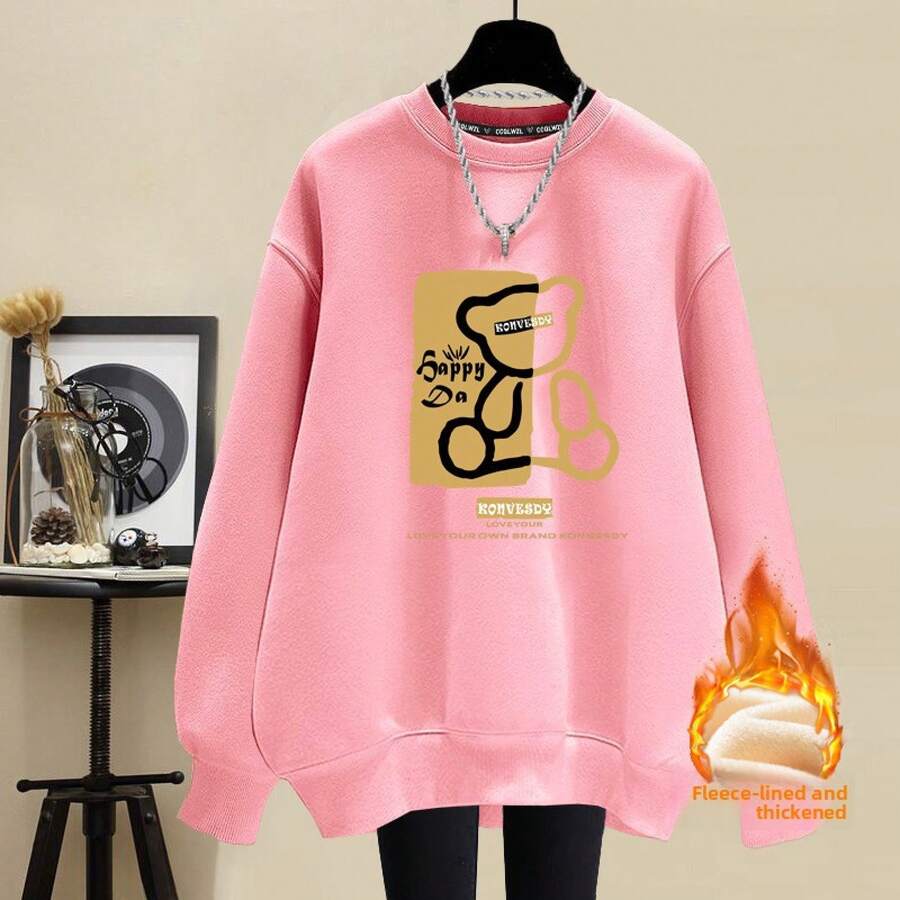 Women's Round Neck Cotton Fleece Lined Sweatshirt Plus Thick Warm Spring Autumn Winter High Street Casual Loose Age Reducing Pullover Top Outerwear - 粉紅(DD15熊寶寶印前)純棉加絨 - 查看 1
