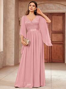 MIUSOL Deep V-Neck Sequin Patchwork Floral Lace Chiffon Formal Party Maxi Dress, Elegant Women's Party Gown Pink Spring - Pink - View 4