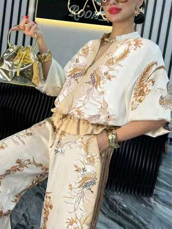 1 Set Elegant Bohemian Pattern Crisscross 2 Pieces Outfit For Women, Suitable For Office & Street Wear, Spring/Summer