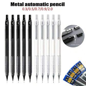 Helmetallisk mekanisk penna - 0,3/0,5/0,7/0,9/2,0 mm, Låg tyngdpunkt, Lämplig för arkitektur/teknik/konst, Smidig skrivning, Dubbel användning för teckning och skissering