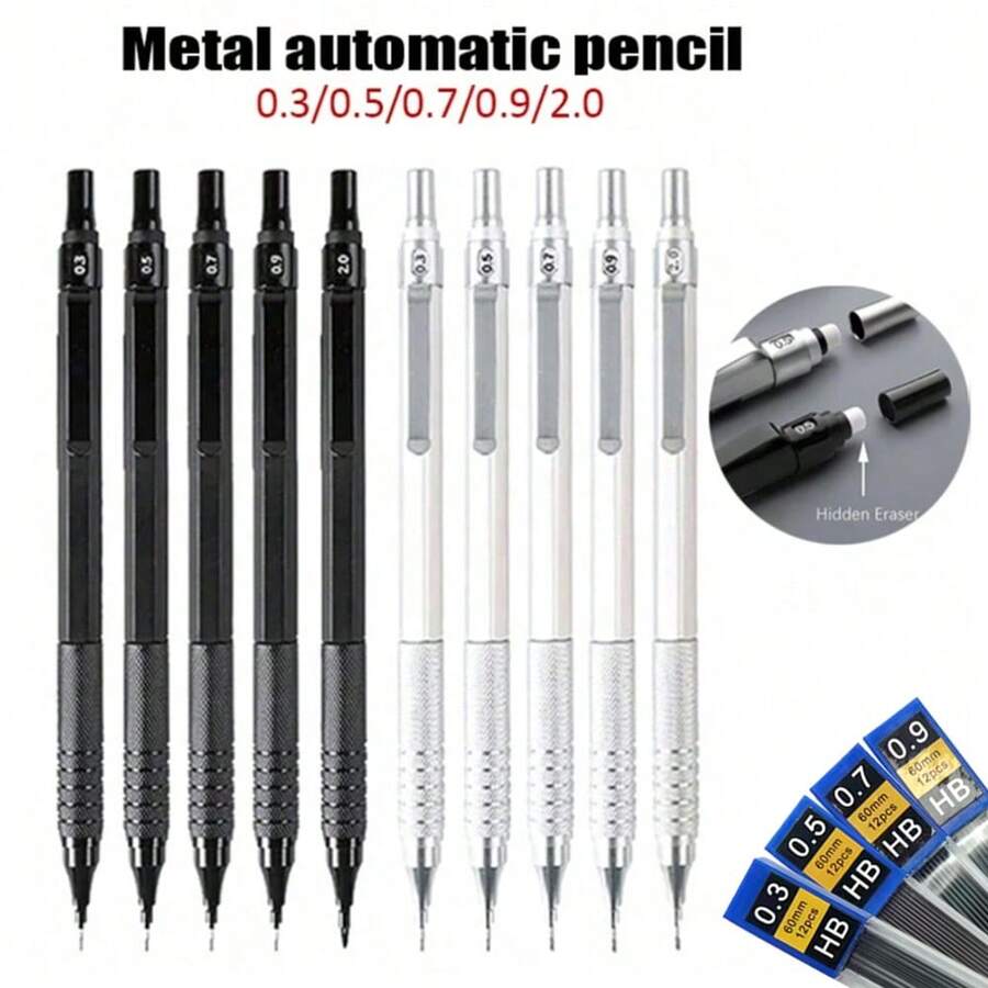 全金屬自動機械鉛筆 0.3/0.5/0.7/0.9/2.0mm,低重心設計,適合建築/工程/藝術,書寫順暢,繪圖與素描雙用途,返校季 - 黑色 - 查看 1