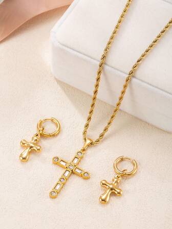 3pcs Stainless Steel Women's Gold Jewelry Set With Cross Element, Suitable For Women's Daily Use, Dating, Engagement, Wedding, Outing, Party Matching