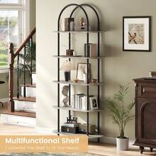 Estante de Libros Arqueado de 5 Niveles - Estructura Metálica con Pies Ajustables, Ideal para Sala, Dormitorio u Oficina - Color Negro + Gris Grafito - Gris - Ver 3